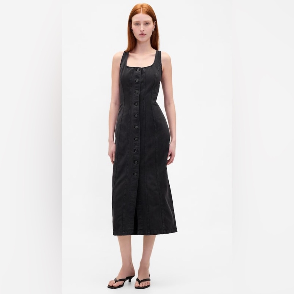 Gap Seamed Button-Front Midi Dress Black Denim Size S